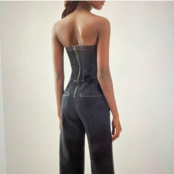 NEW! Anthropologie Pilcro Dark Denim Corset Wide Leg Jumpsuit - Size 12 - Picture 12 of 13